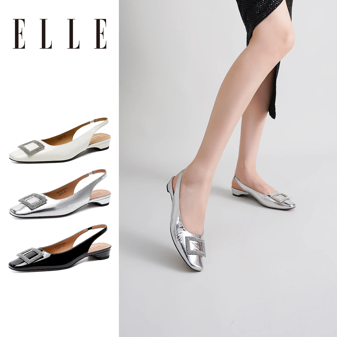ELLE低跟包头凉鞋女夏季2025新款白色水钻方扣单鞋上班不累脚女鞋
