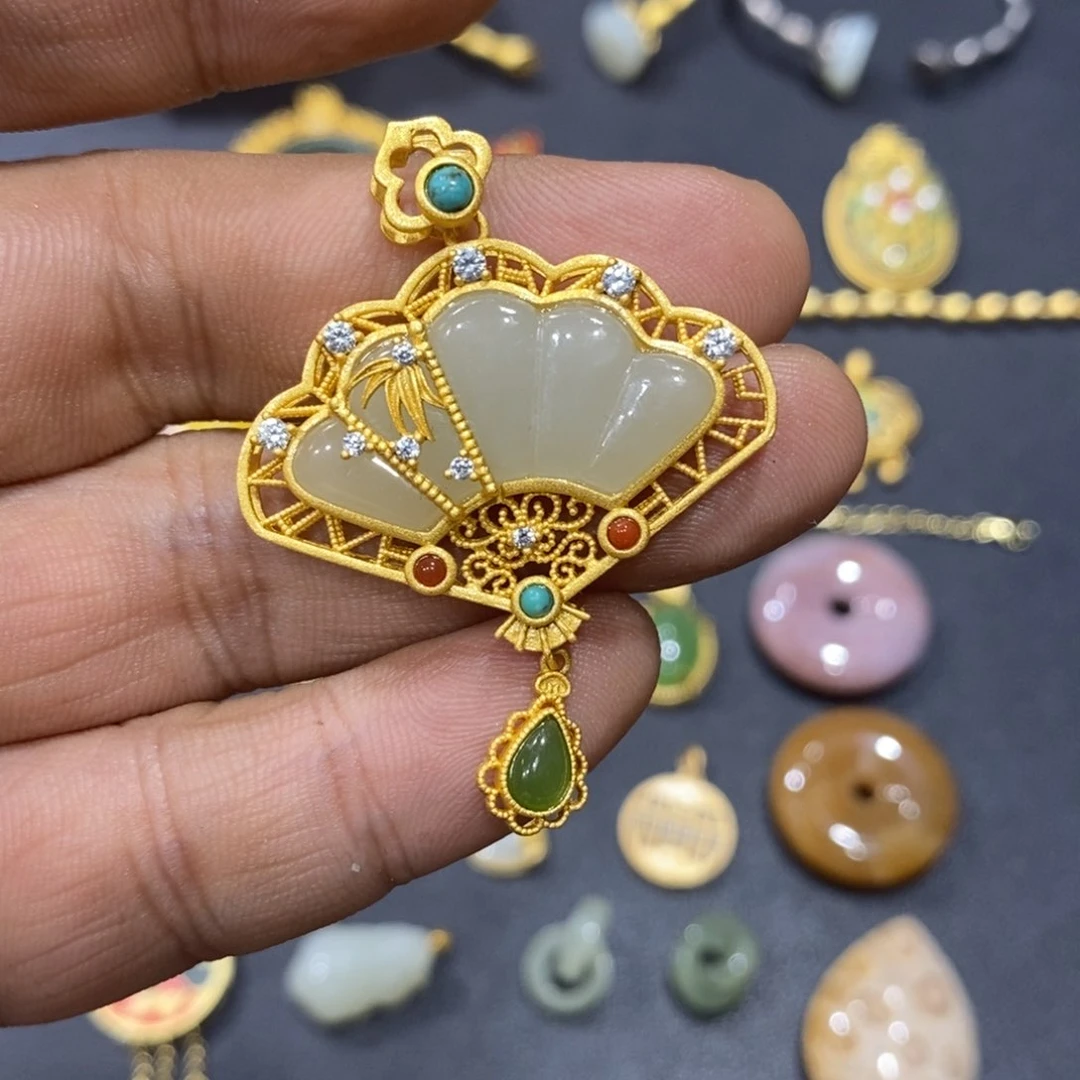 和田玉颈饰银S925镀金镶嵌