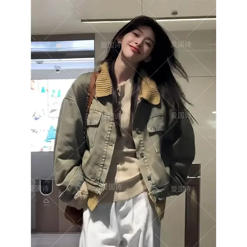 美式水洗牛仔拼接针织短外套女2025秋冬季新款加绒加厚夹克女7-71