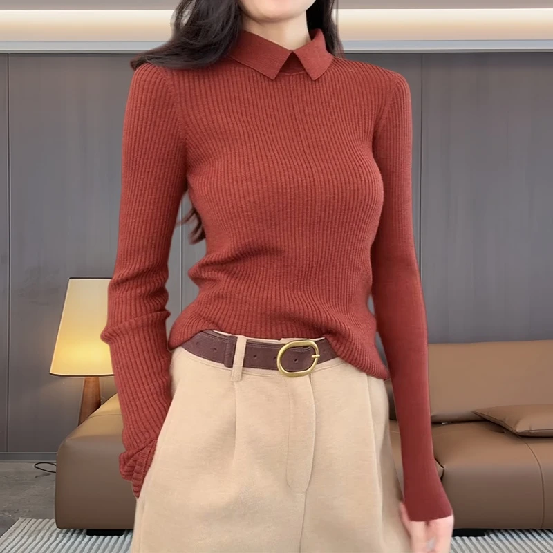 法式百搭简约设计坑条纹polo领针织衫女秋冬软糯舒适收腰显瘦上衣