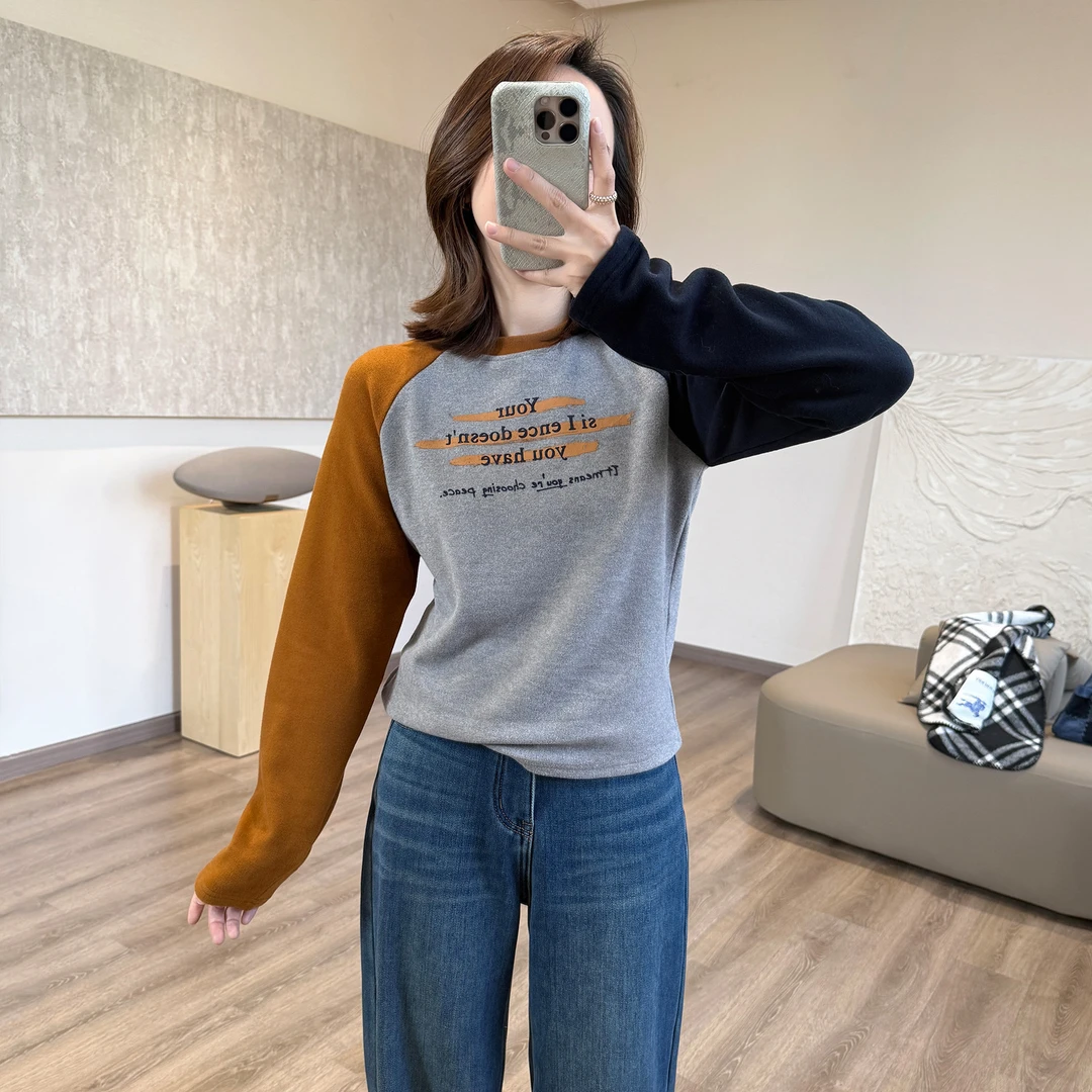 撞色插肩袖字母双面暖绒T休闲时髦显高圆领套头内搭打底G121710