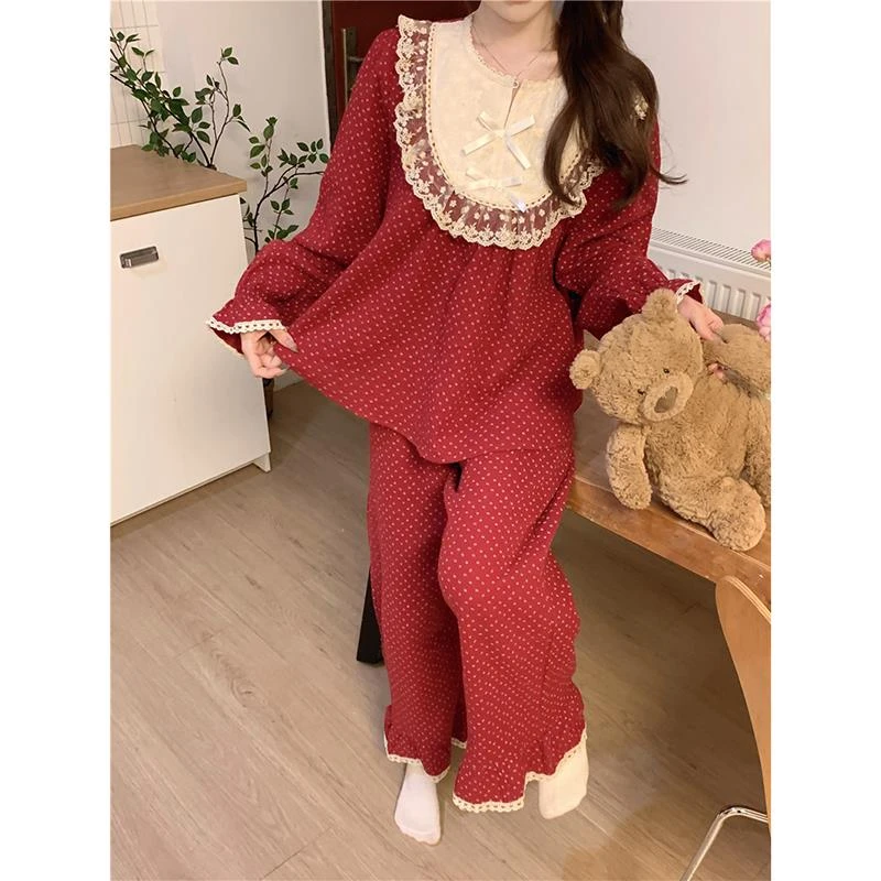 GPSUNLU波点睡衣女春秋季公主风刺绣蕾丝花边红色纯棉家居服套装
