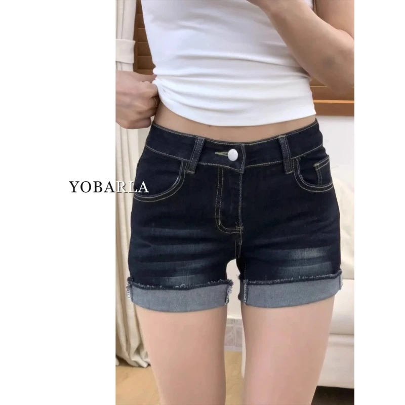 深蓝色牛仔短裤女秋冬薄款大码胖mm显瘦梨形身材弹力高腰a字热裤