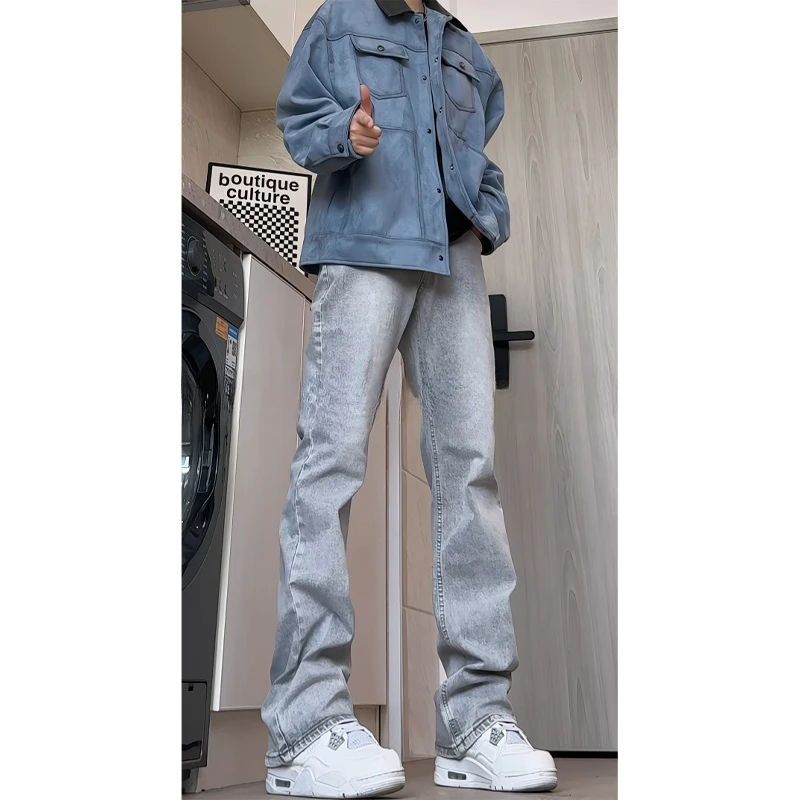 烟灰水泥色男款加绒牛仔裤秋冬季潮流百搭裤子hiphop微喇直筒长裤