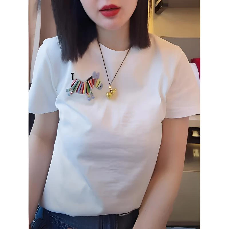 春季新款彩色小马刺绣纯棉短袖T恤女简约时尚百搭显瘦圆领上衣潮