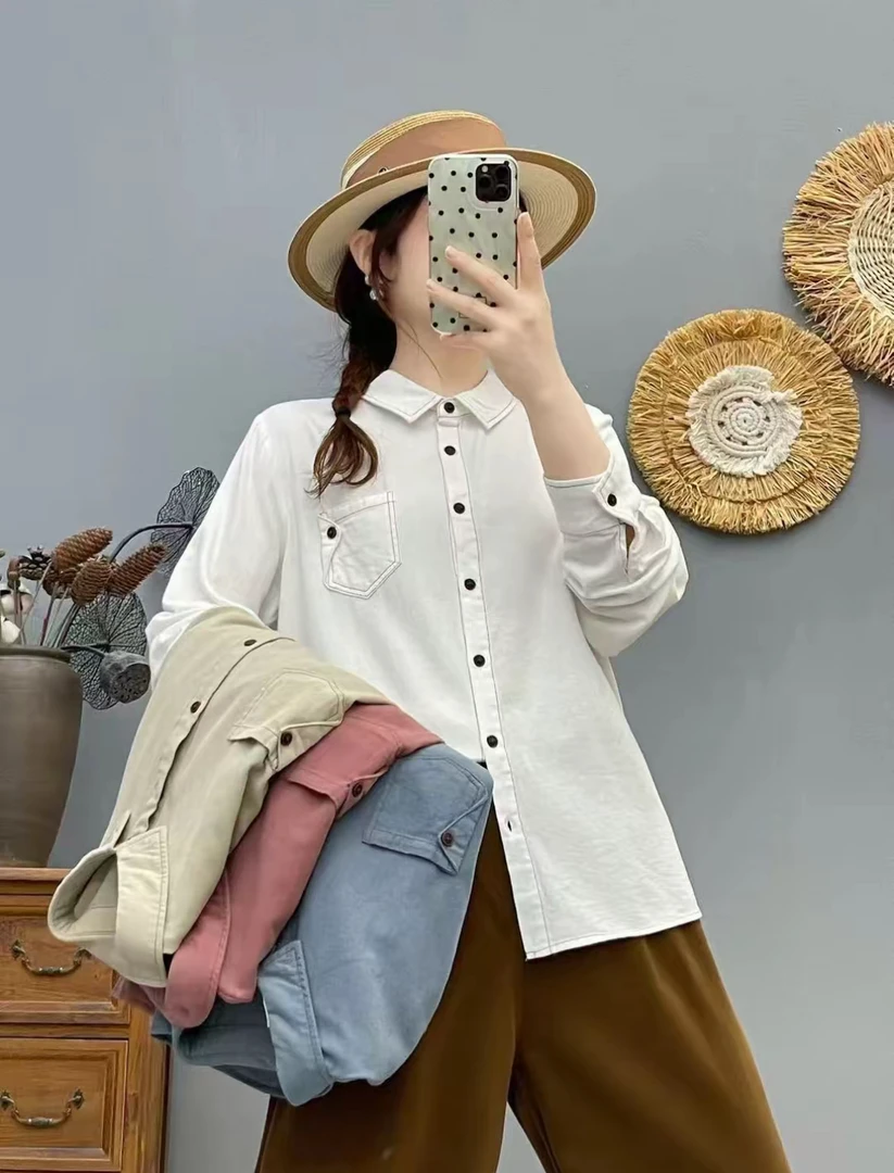 春秋新品纯棉磨毛衬衫女长袖小清新文艺百搭宽松内搭白色衬衣好看