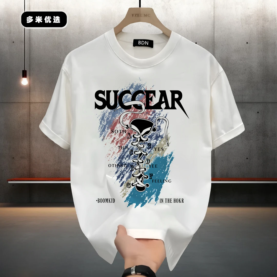 邦德妮美式重磅纯棉短袖T恤男士休闲创意字母大码宽松半袖上衣ins