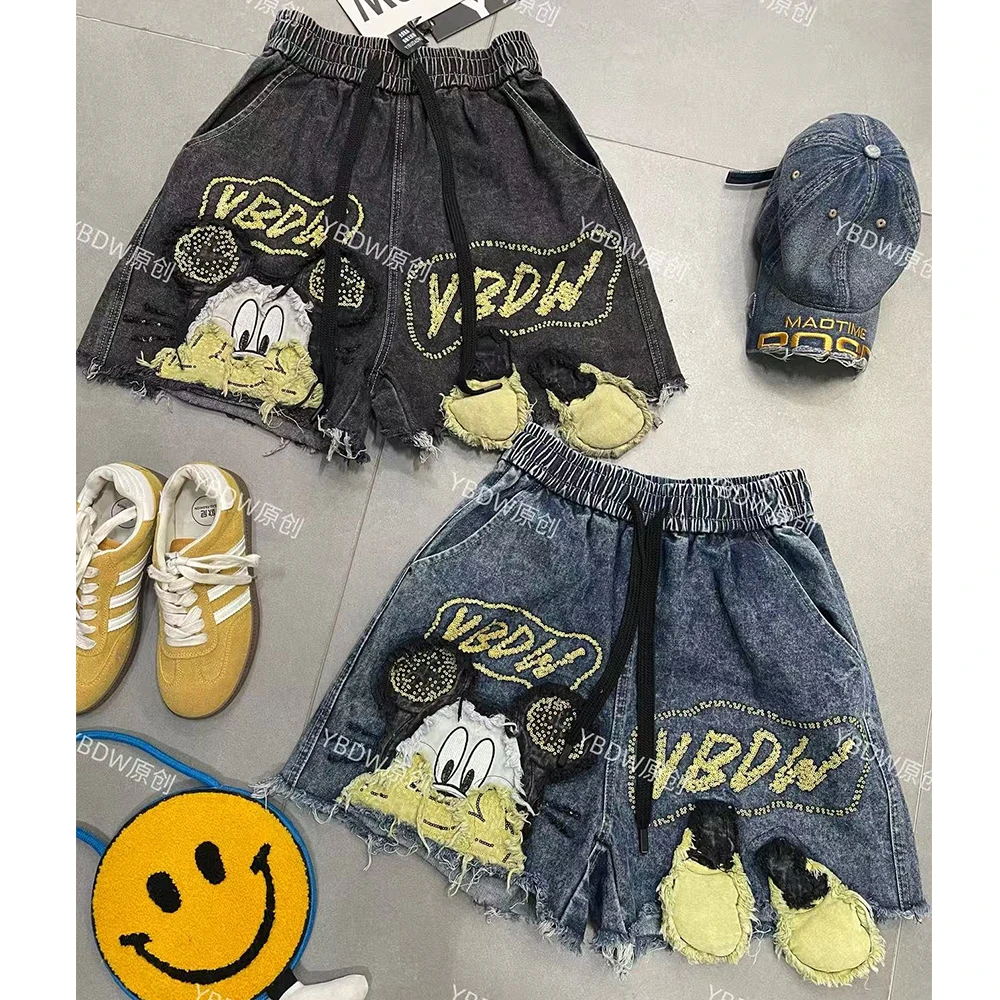 【YBDW】原版原厂重工洗水贴布袖亮片袖高货松紧腰抽绳牛仔短裤女