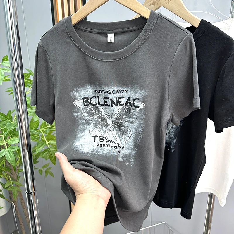 2025年夏季新款女装烫钻印花短袖T恤重工圆领韩版ins上衣宽松