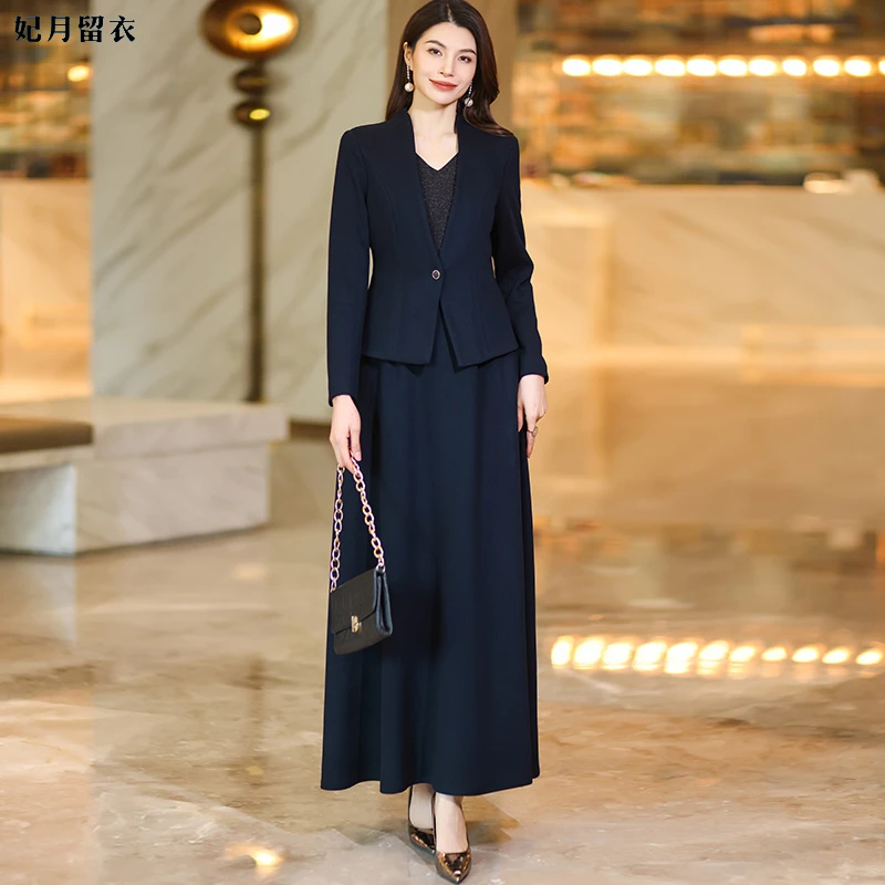 正式场合藏蓝色连衣裙女2025裙子秋冬款简约高级感气质显瘦长裙