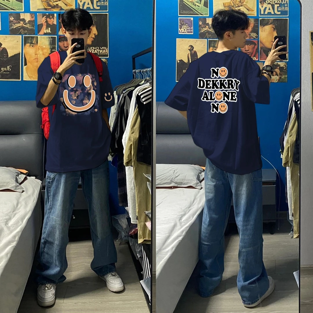 100%纯棉美式街头涂鸦笑脸字母印花短袖T恤夏季男女休闲百搭上衣