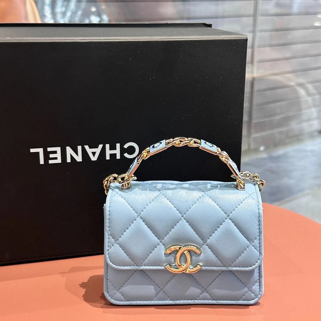 99新 Chanel/香奈儿 珐琅手柄风琴蓝色羊皮单肩包32开淡金扣50038