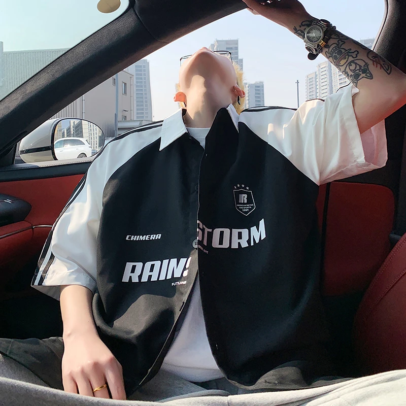 夏季美式免烫印花短袖拼接男纽扣衬衫韩版痞帅设计感帅气情侣上衣