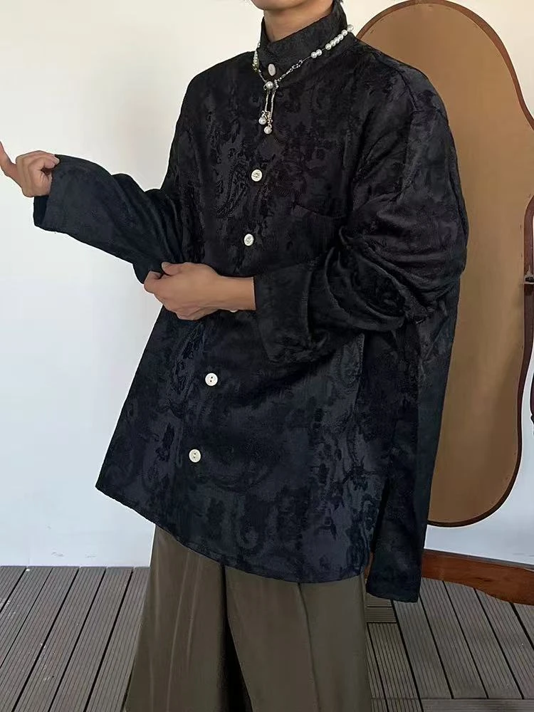 H79 秋季新中式提花立领衬衫休闲宽松百搭长袖衬衣男