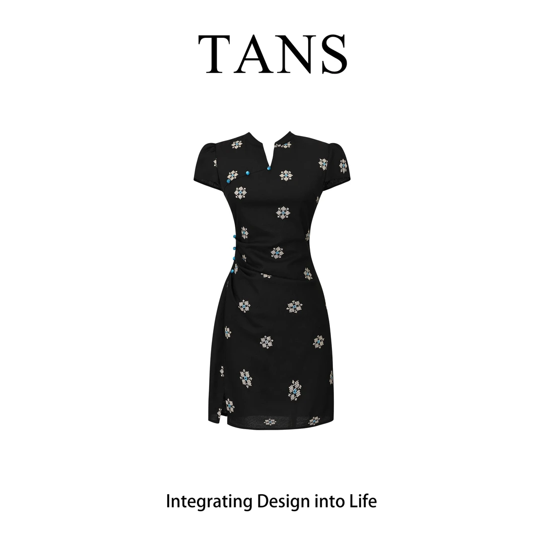 现货 TANS【宝相花】新中式黑色刺绣V领短款长款改良旗袍连衣裙女