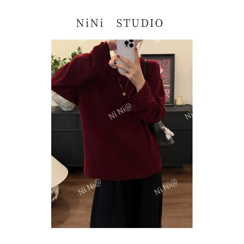 NiNi:原创定染波尔多红绵羊毛套头毛衫～