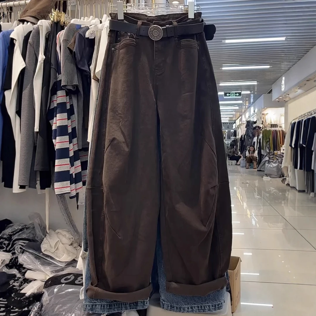 咖啡色弯刀牛仔裤女2025爆款新款大码高腰裤子梨型身材镰刀阔腿裤