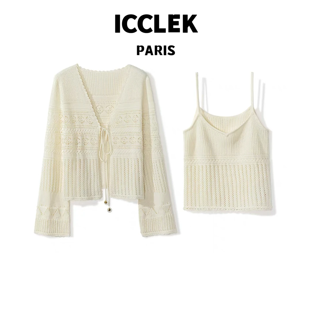 XY 春夏镂空绣花针织长袖开衫套装气质轻奢名媛两件套 - 2902