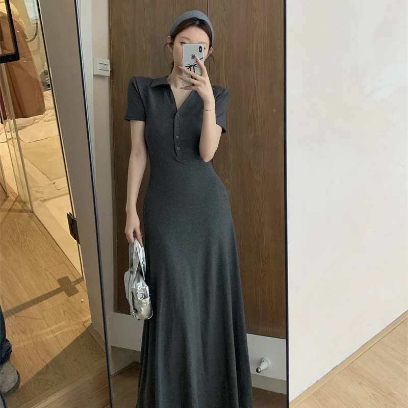 高级灰翻领polo短袖收腰连衣裙女辣妹包臀长裙修身显瘦a字长款裙