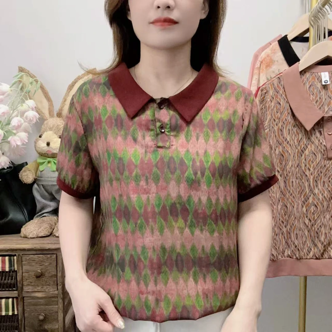 【丽姐家】夏季新款妈妈装短袖时尚洋气翻领宽松减龄百搭上衣