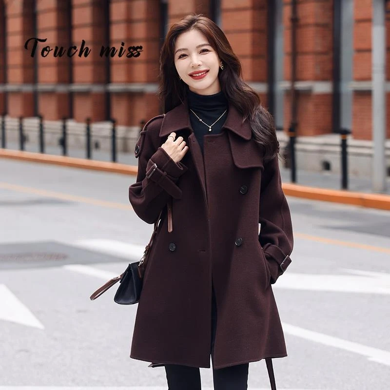 TOUCH MISS咖色双面羊绒大衣中长款新款宽松高级感小个子毛呢外套