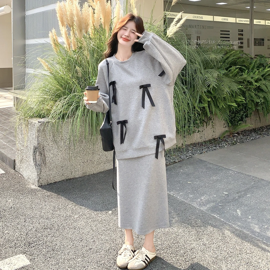 灰色蝴蝶结卫衣半身裙两件套女2025秋季韩系氛围慵懒风休闲套装裙