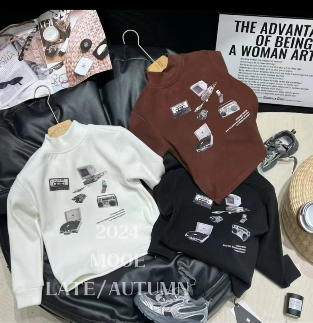 MD089（现货）韩版儿童复古印花三色长袖打底T恤