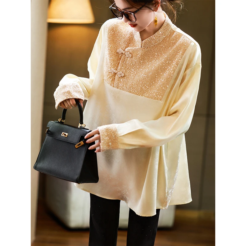 衣品乐新中式国风亮片衬衫女春秋新款大码拼接长袖上衣B9541