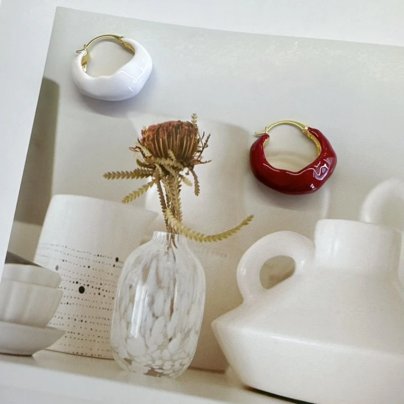 黄铜耳饰 潮派滴釉S925银针白色素圈耳环女小众设计高级感独特耳