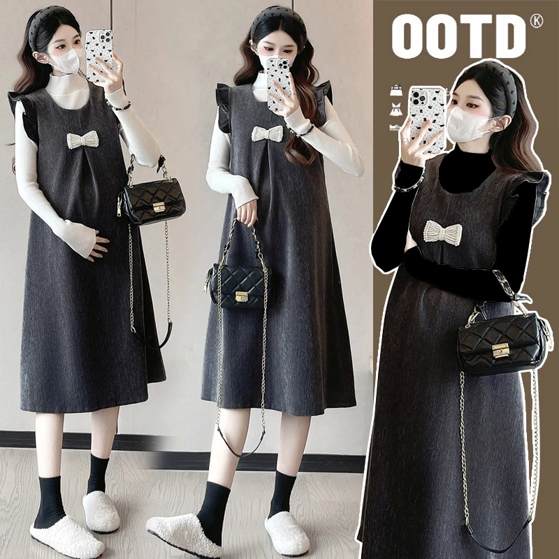 【梵兮家】孕妇装秋冬款法式高级感背心连衣裙+打底衫减龄两件套装