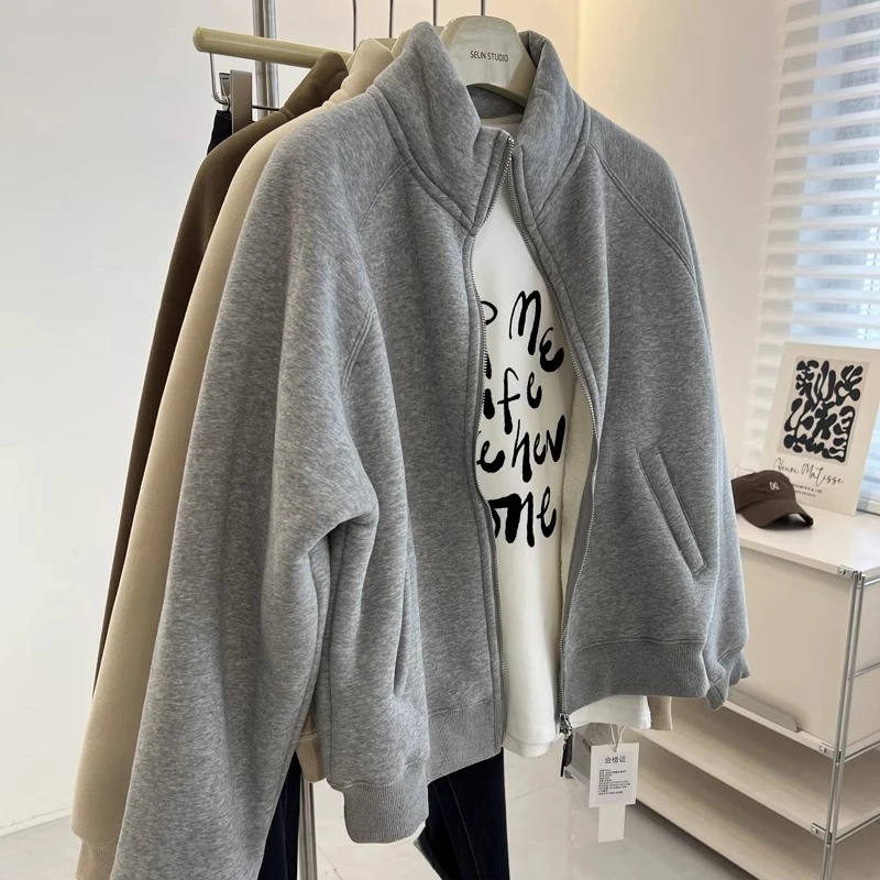 巨保暖羊羔绒立领拉链开衫卫衣女加绒加厚百搭宽松棉外套上衣冬季