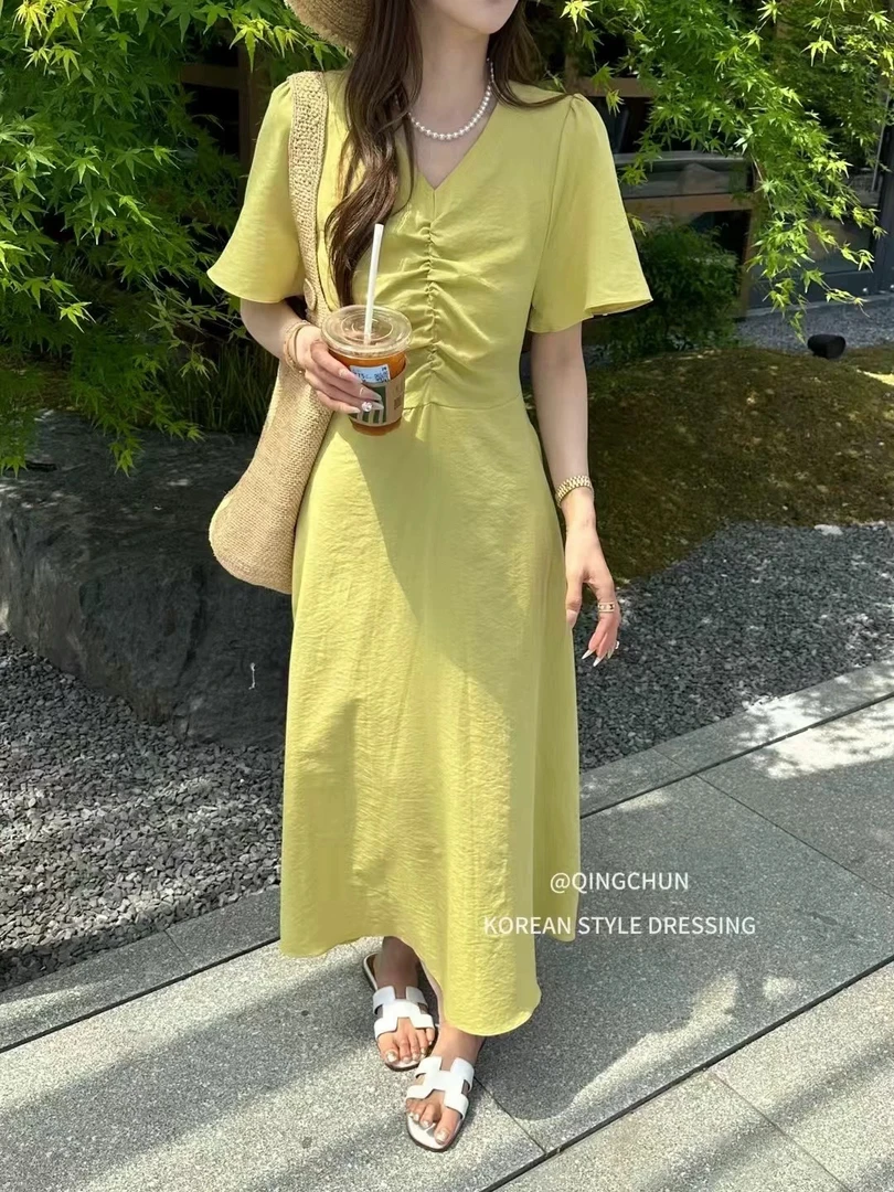 董小姐/5957法式小飞袖系腰带麻料长款连衣裙显瘦度假裙
