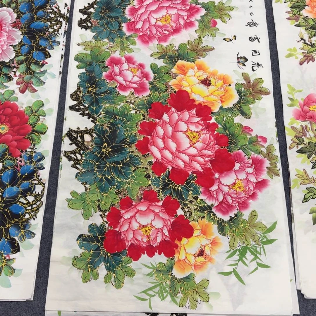 可***氧国画140×70千层金线牡丹手绘