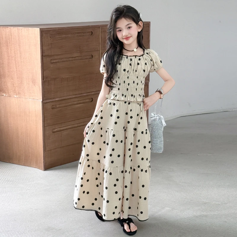女童波点裙套装夏2025新款洋气中大童泡泡袖上衣夏装儿童网红长裙