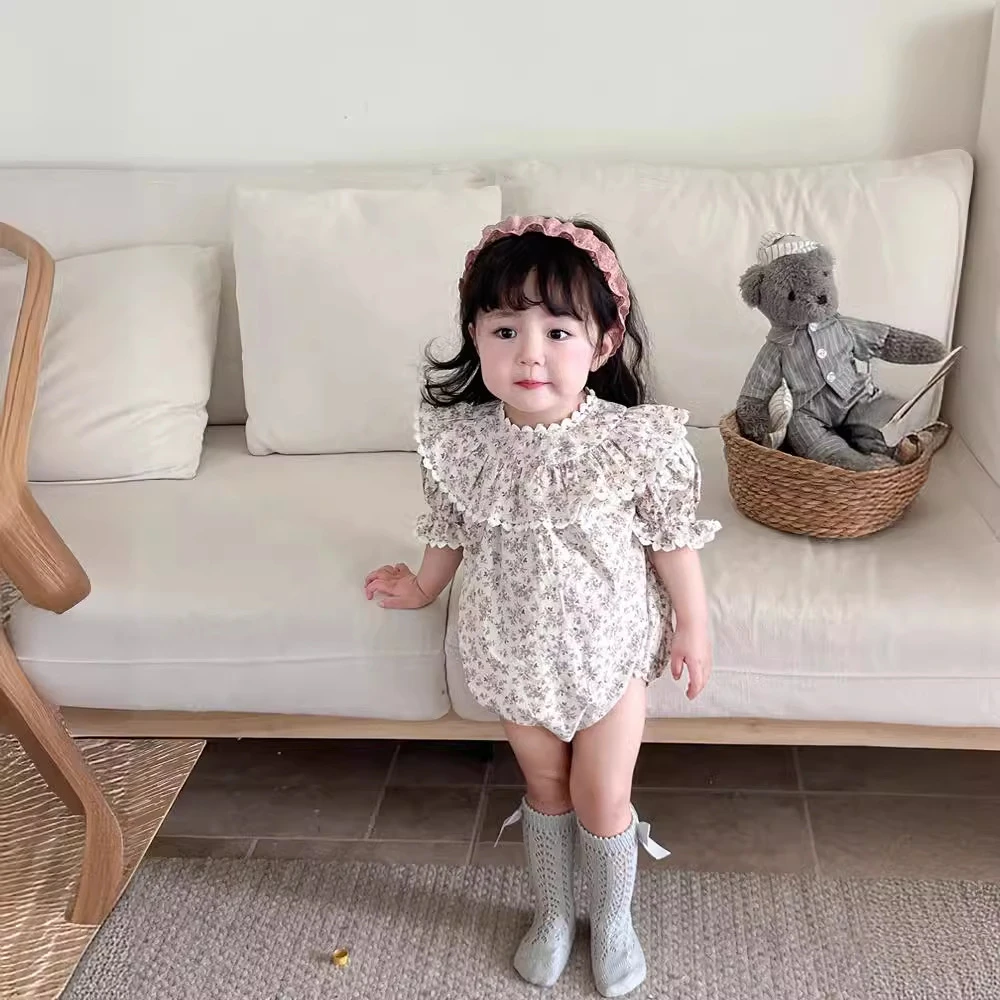 830婴儿衣服夏款女宝宝甜美碎花包屁衣新生儿花边领短袖哈衣爬服