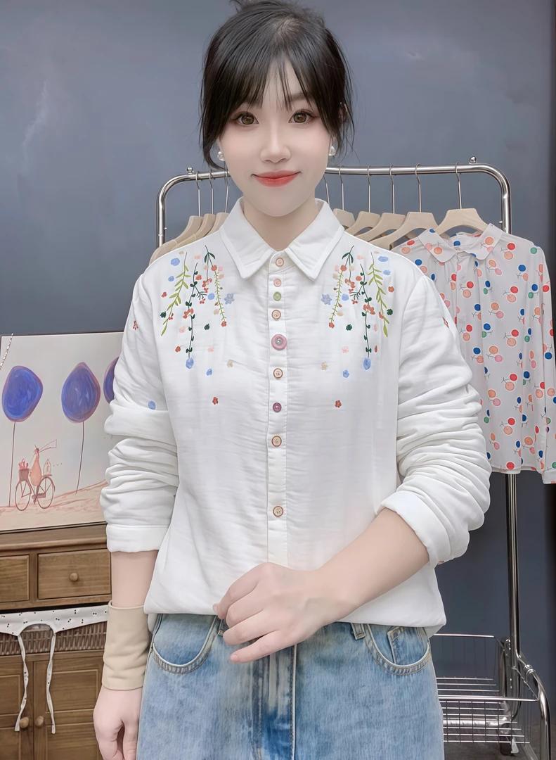 2026早春新款文艺清新刺绣小花内里绗棉宽松显瘦休闲百搭衬衫