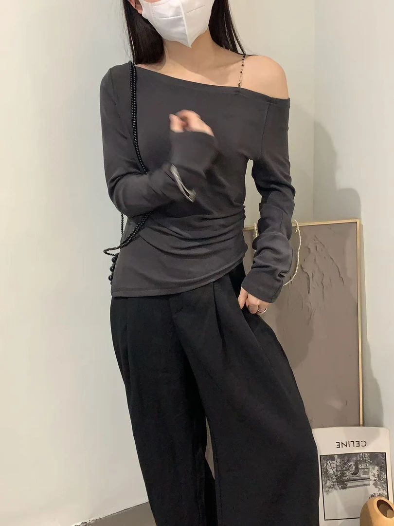 韩系简约斜肩带链条上衣8828