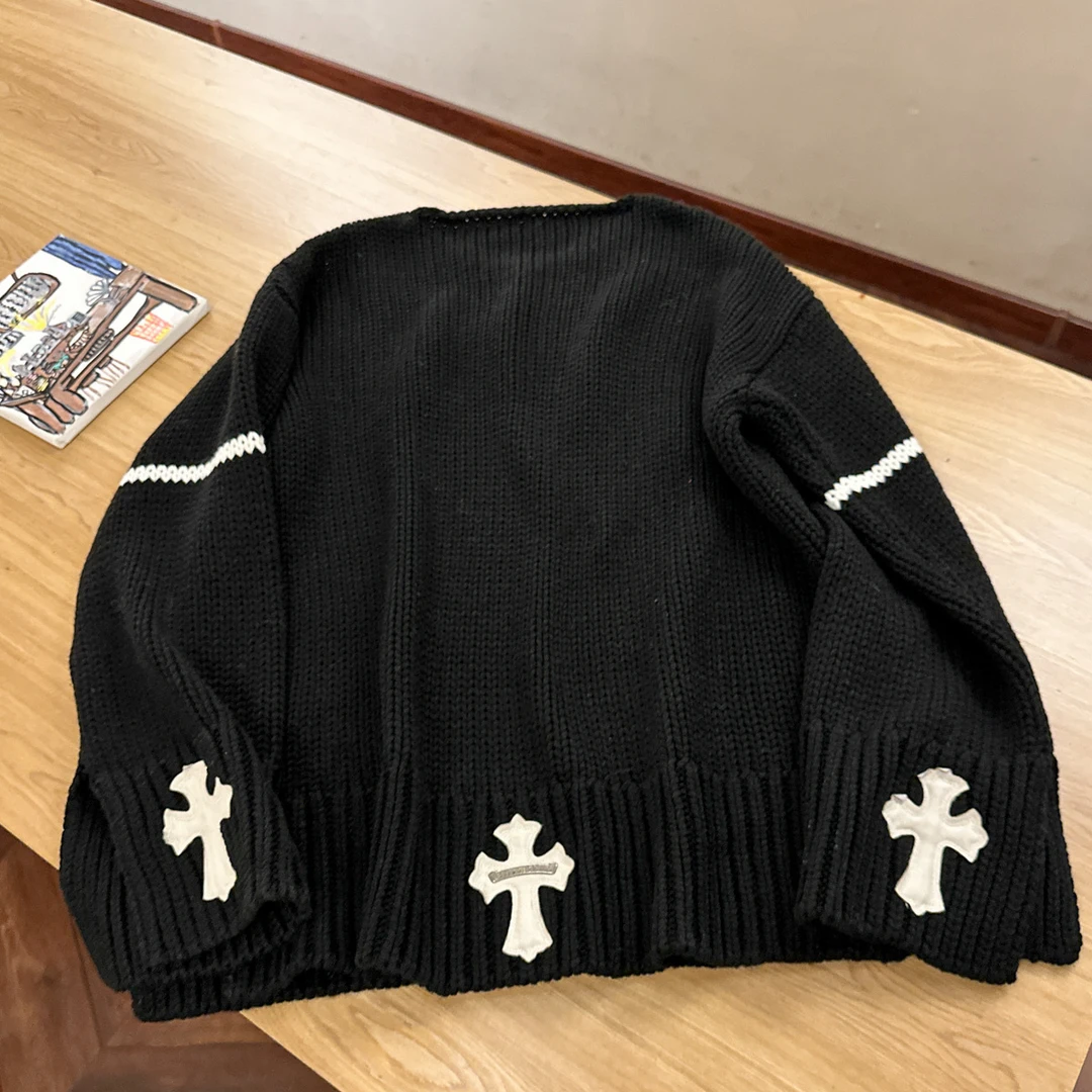 CH秋冬24款懒惰风大捧针针织羊毛十字架贴皮毛衣情侣