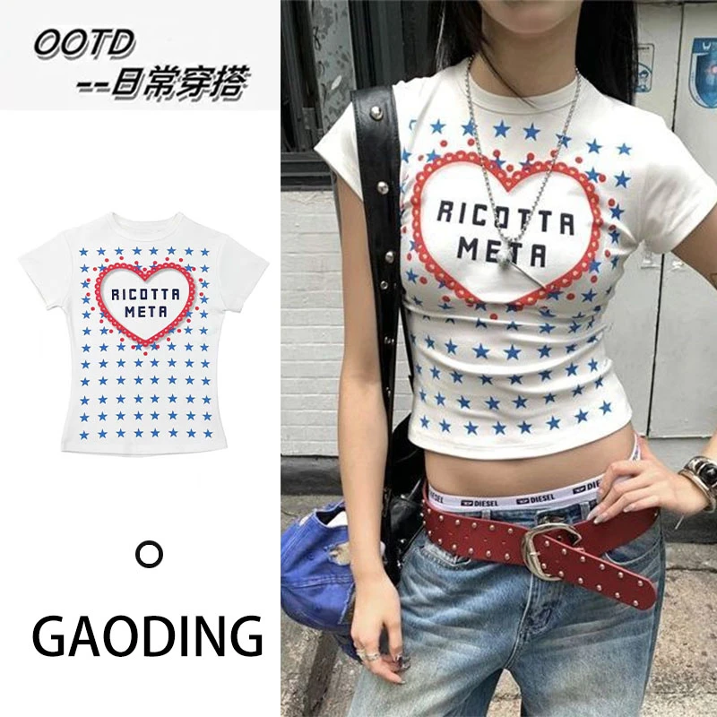 新款美式女夏季星星印花复古辣妹风短袖T恤修身显瘦短款女上衣服