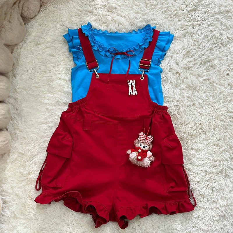 多巴胺穿搭一整套甜美可爱小个子背带连体短裤搭配蝴蝶结上衣女【