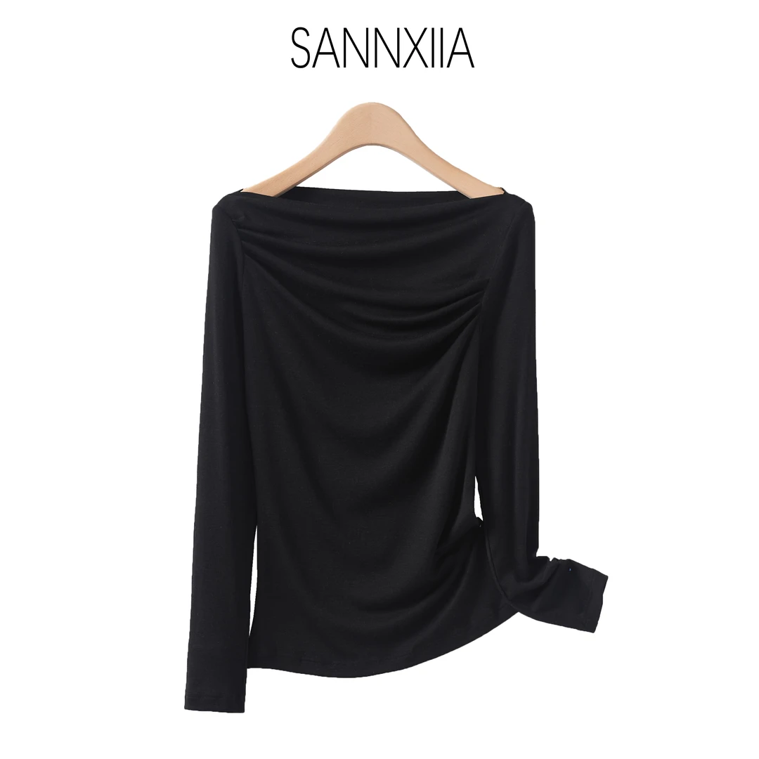 SANNXIIA气质休闲天丝羊毛一字领长袖T  ZM8505