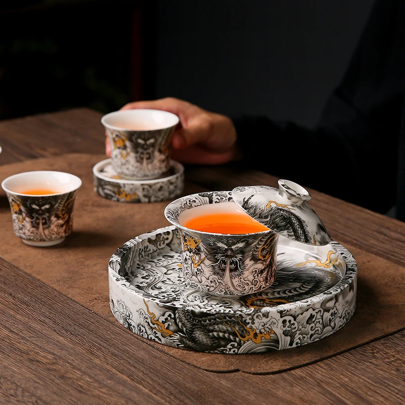 青花瓷墨龙陶瓷茶具三才盖碗大壶承泡茶器具悬停盖碗功夫茶杯茶盘