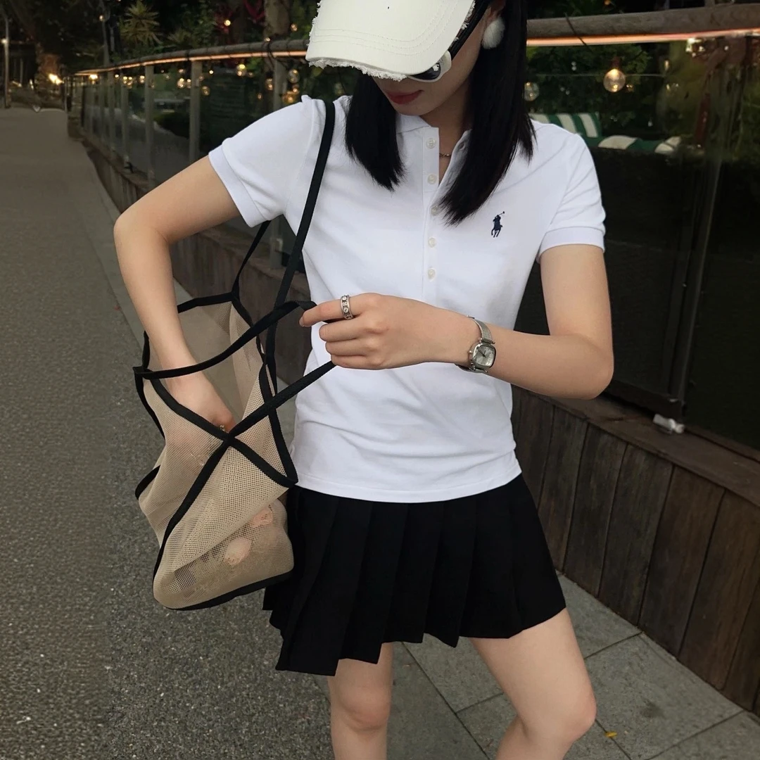 小马刺绣polo衫女夏季纯棉白色短袖T恤学院风修身显瘦polo领上衣