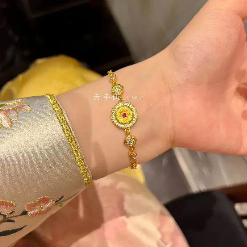 铜合金手链 2025年新款拉丝镶钻如意平安扣手链新中式精致感手饰