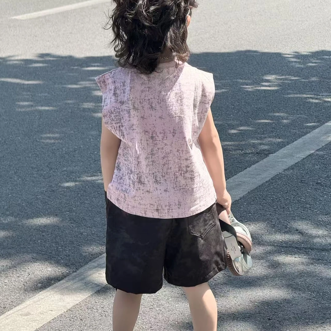 夏季新款男童复古风工装裤贰件套无袖背心+五分柔梦潮流尽显 TT