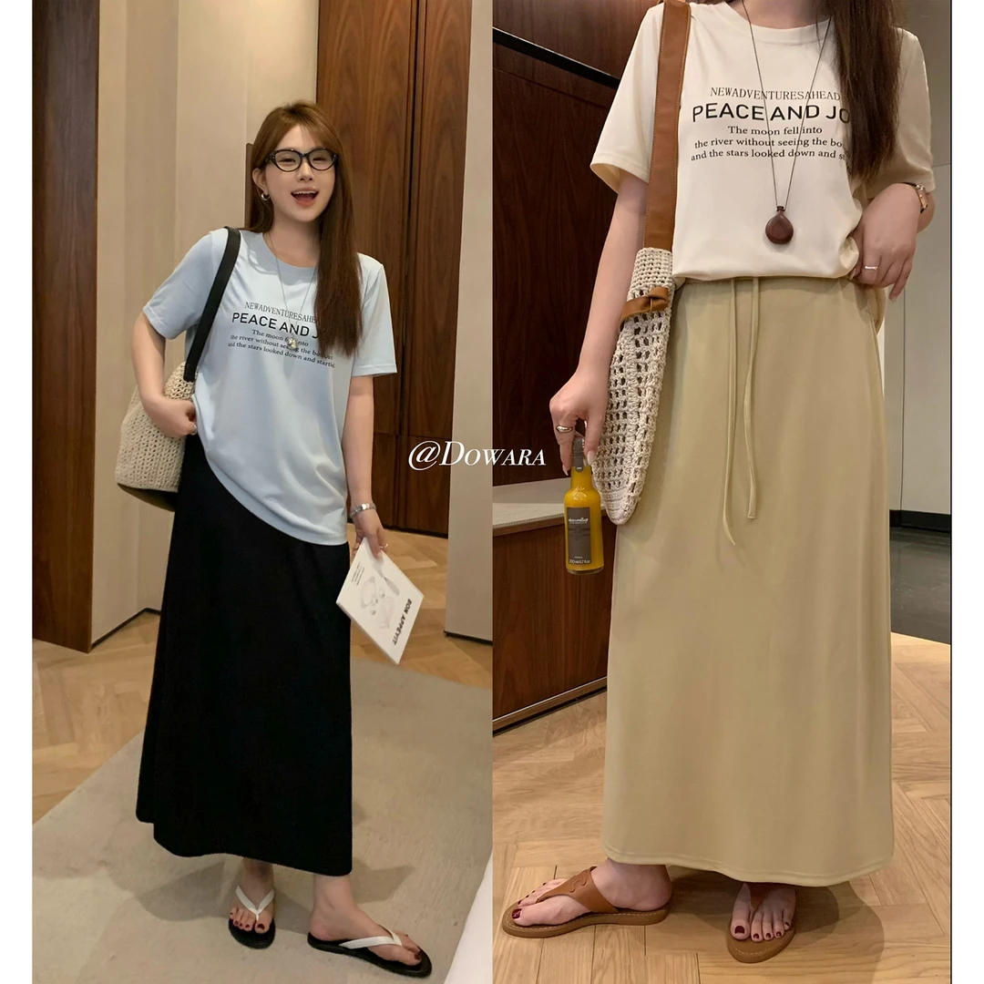 现货大婉酱微胖定制【长腿滤镜】抽绳腰随性半裙休闲直筒长裙 9215D