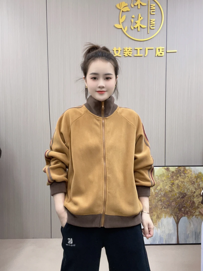 春秋加绒加厚时尚休闲百搭宽松双面澳粒绒立领保暖拼接外套