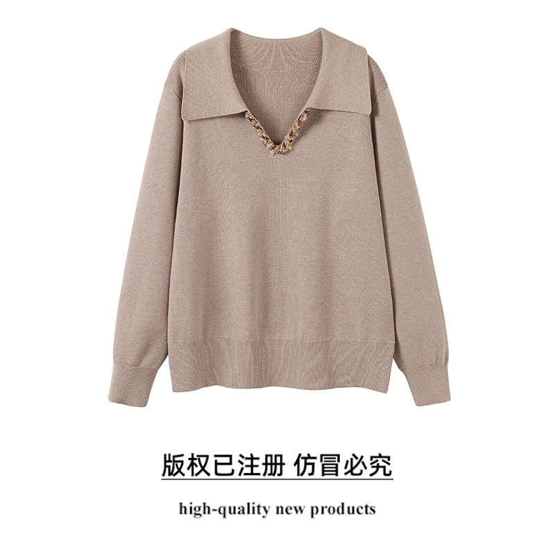 奢姿2025年春季新款大码女装设计感翻领上衣胖妹妹休闲拼接针织衫