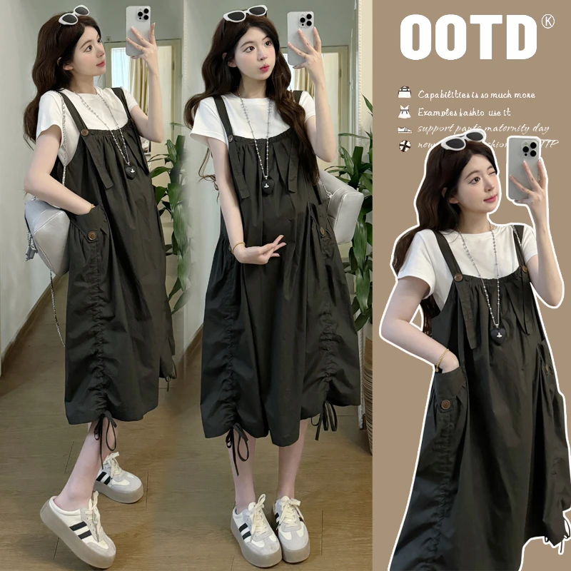 【玫瑰优选】孕妇装夏季2025新款宽松背带连衣裙减龄时尚背带裙套装