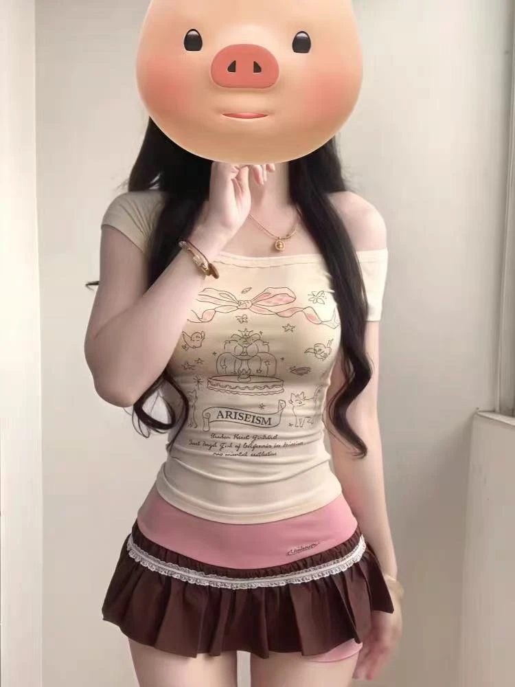 杏色一字肩短袖T恤女2025夏季新款纯欲卡通印花修身显瘦短款上衣